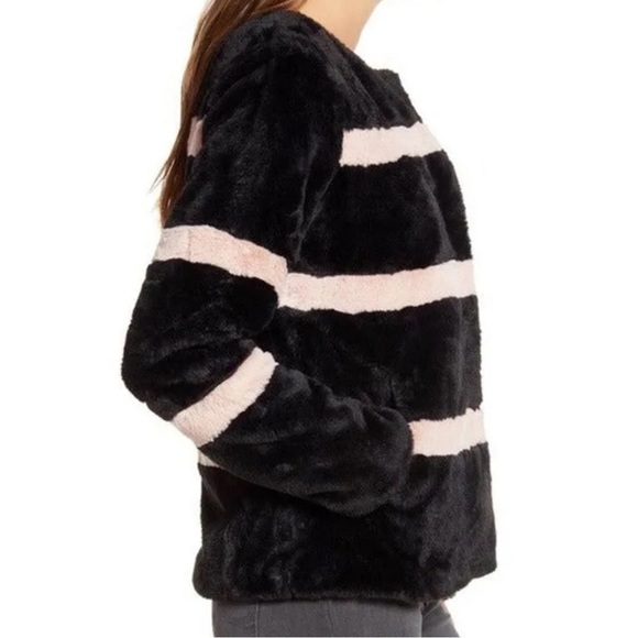 RACHEL PARCELL Women's Stripe Faux Fur Collarless Jacket Black Pink L - Picture 3 of 3